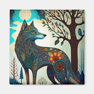 Aimant Boho Wolf Surreal Wildlife Art Button