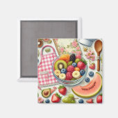 Aimant Bol de fruits entouré d'éléments de cuisine (Recto/Verso)