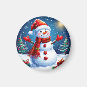 Aimant Bonhomme de neige joyeux portant un chapeau de Pèr