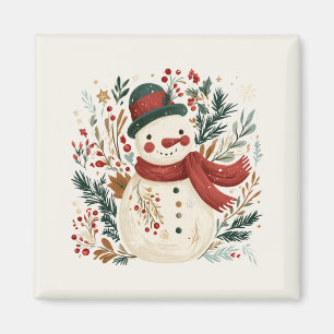 Aimant Bonhomme de neige rétro avec chapeau vert et échar