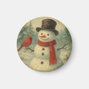 Aimant Bonhomme de neige vintage et oiseau rouge Noël