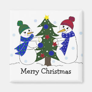 Aimant Bonhommes de neige décorant un sapin de Noël