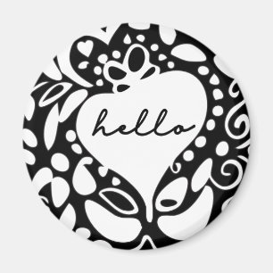 Aimant "Bonjour" Noir & Blanc, cœurs, motif de feuilles