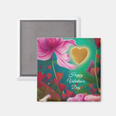 Aimant Bonne Saint Valentin - Fleurs et Coeurs roses (Recto/Verso)