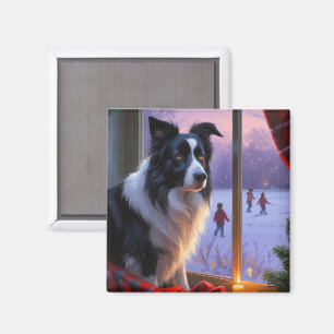 Aimant Border Collie avec lumières de Noël vacances