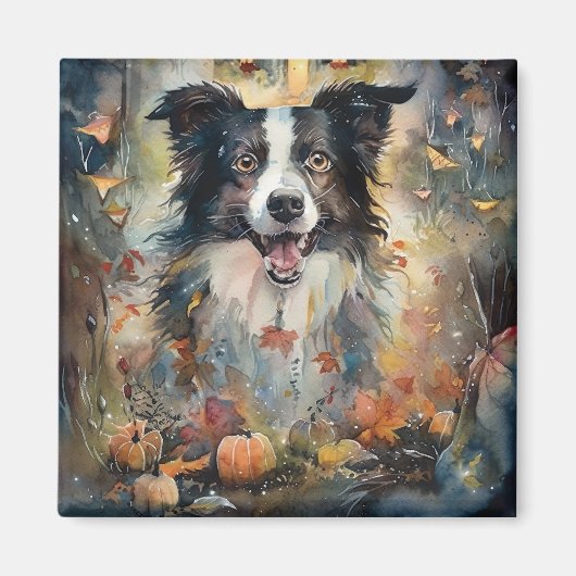 Aimant Border Collie Halloween avec citrouilles effrayant (Devant)