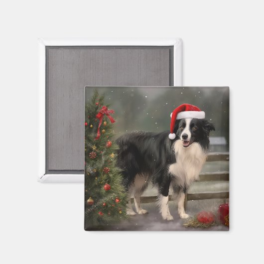 Aimant Bordure Collie Chien dans neige Noël (Recto/Verso)