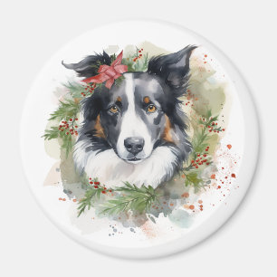 Aimant Bordure Collie Fête de Noël Wreath Pup