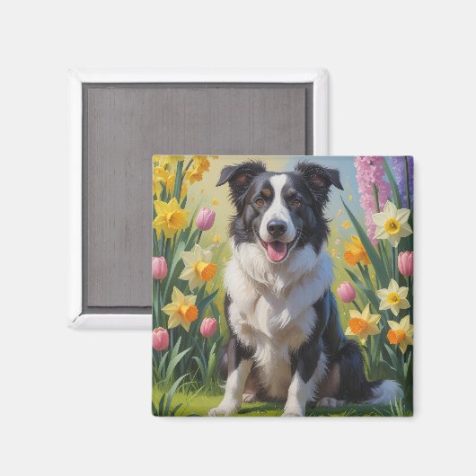 Aimant Bordure Collie Fleurs de printemps de chien Peintu (Recto/Verso)