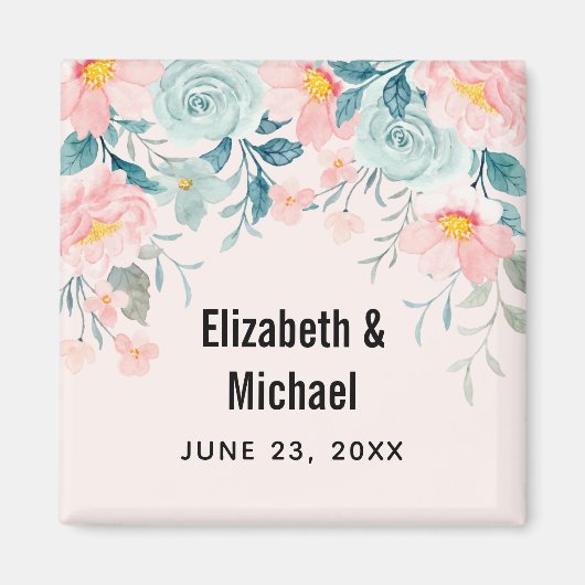 Aimant Bordure florale rose et vert Enregistrer la date (Devant)