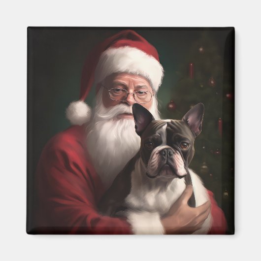 Aimant Boston Terrier avec Noël Festif du Père Noël (Devant)