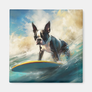 Aimant Boston Terrier Beach Surfing Peinture