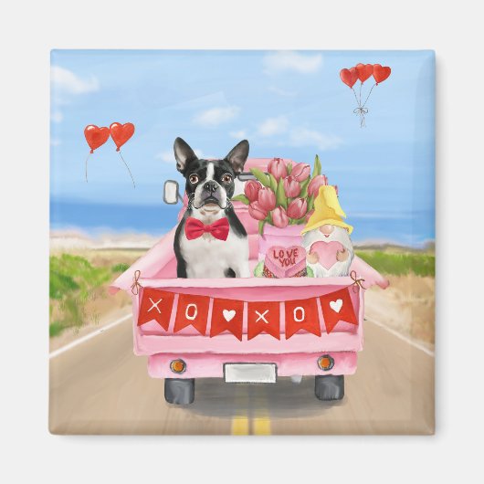 Aimant Boston Terrier Chien Valentine's Day Truck Hearts (Devant)