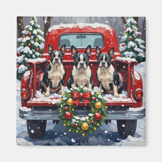Aimant Boston Terrier Christmas Red Truck Holiday (Devant)