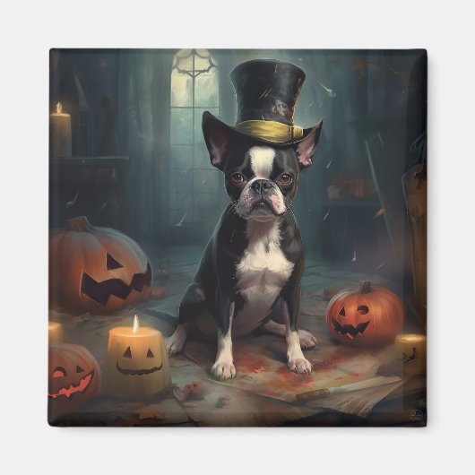 Aimant Boston Terrier Citrouille Halloween effroi (Devant)