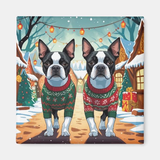 Aimant Boston Terrier Dogs Christmas Snow Holiday (Devant)