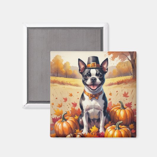 Aimant Boston Terrier En Automne Quitte L'Art Thanksgivin (Recto/Verso)