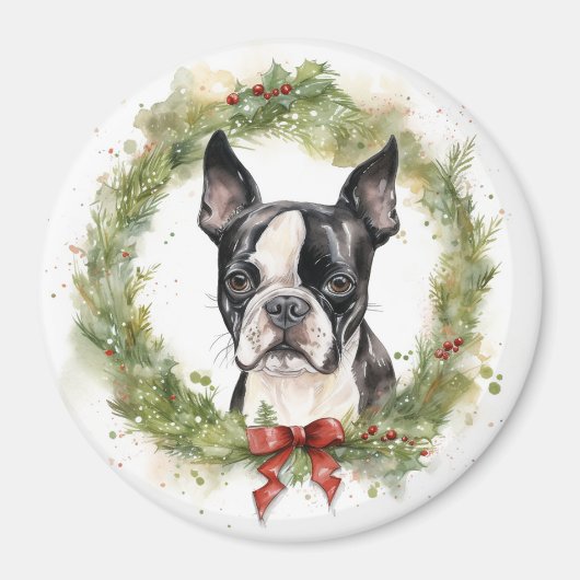 Aimant Boston Terrier Noël Wreath Festive Pup (Devant)