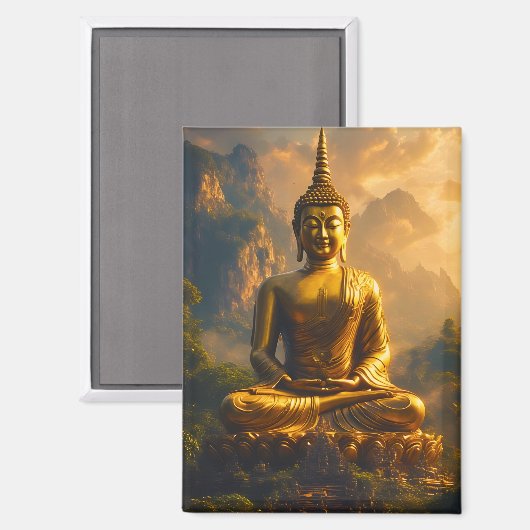 Aimant Bouddha assis doré sous un ciel de coucher de sole (Recto/Verso)