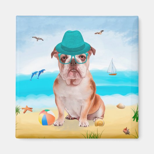 Aimant Bouledogue anglais sur la plage (Devant)