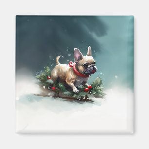 Aimant Bouledogue français Noël neige hiver
