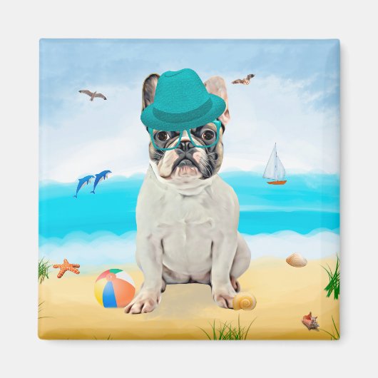 Aimant Bouledogue français sur la plage (Devant)