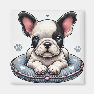 Aimant Bouledogue français sur un coussin à thème cœur