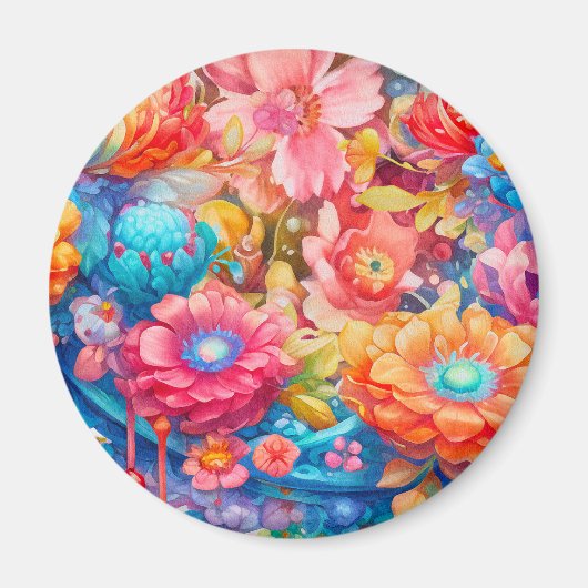 Aimant Bouquet de fleurs orange et bleu Boho (Devant)