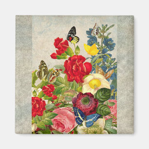 Aimant Bouquet de fleurs vintages aux papillons