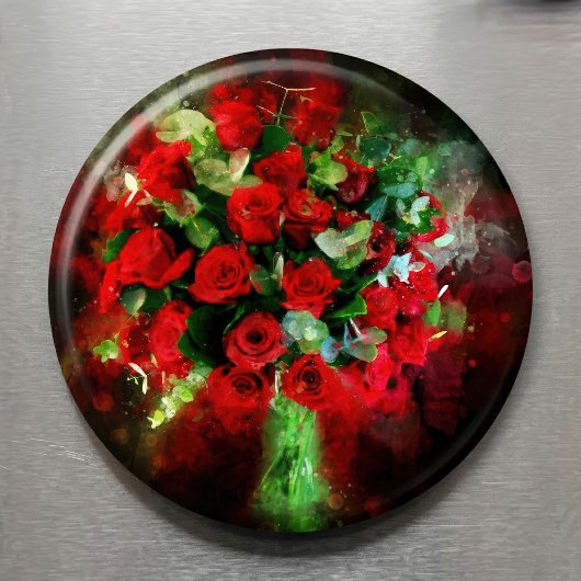 Aimant Bouquet de roses rouges aquarelle sur fond noir