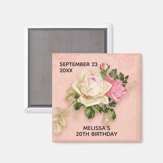 Aimant Bouquet Rose & Rose Blanc Anniversaire (Recto/Verso)