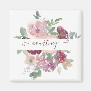 Aimant Bourgogne et floral aquarelle rose personnalisé  