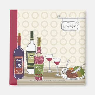 Aimant Bouteilles de vin avec lunettes de vin sur table