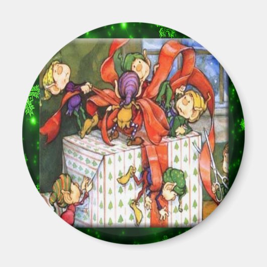 Aimant Bouton Arrondi présent de Joyeux Elfes (Devant)