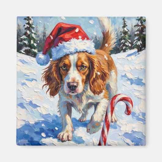 Aimant Brittany Spaniel Dog Pointing at Christmas Candy (Devant)