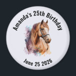 Aimant Brown Horse Head Portrait in Watercolor Birthday<br><div class="desc">Birthday save the date / keepsake magnet with an image of a brown horse head wearing a leather halter. Beautiful majestic animal.</div>
