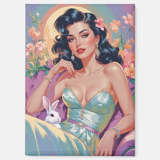 Aimant Brunette Pin-Up avec lapin de Pâques (Recto)