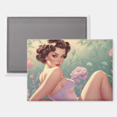 Aimant Brunette Pin-Up Fleurs Pastel (Recto/Verso)