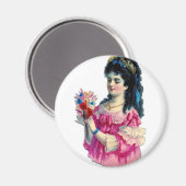 Aimant Brunette victorienne en robe rose avec bouquet (Recto/Verso)