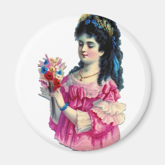 Aimant Brunette victorienne en robe rose avec bouquet (Devant)