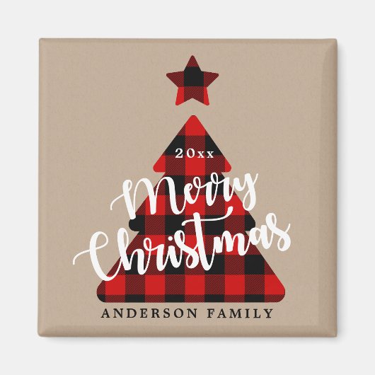 Aimant Buffalo plaid sapin de Noël script lunatique (Devant)