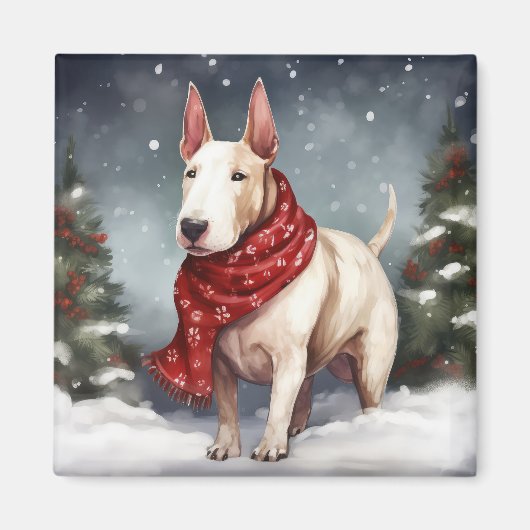 Aimant Bull Terrier Chien à Noël de neige (Devant)