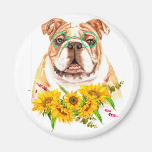 Aimant Bulldog aquarelle & tournesols