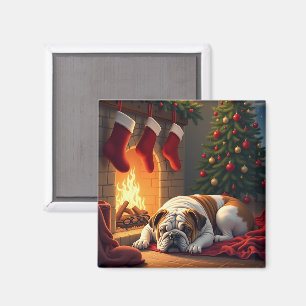 Aimant Bulldog au coin du feu, peinture de Noël