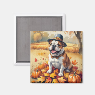 Aimant Bulldog dans l'art de Thanksgiving aux feuilles d'