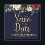 Aimant Burgundy Red Navy Floral Rustic Boho Sve la date<br><div class="desc">Aquarelle Bourgogne Rouge Marine Florale Rustique Boho Wedding Enregistrer l'aimant de date avec texte or. Parfait pour un mariage de automne. Le design comprend un bouquet époustouflant de bordeaux / Marsala, pêche, fleurs marines / roses avec feuilles assortis. S'il vous plaît trouver d'autres modèles et variantes dans mon magasin "blissweddingpaperie"....</div>