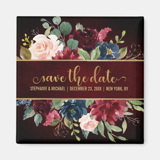 Aimant Burgundy Red Navy Floral Rustic Boho Sve la date (Devant)