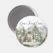 Aimant Cabine d'aquarelle dans la forêt de pins verts (Recto/Verso)