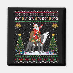Aimant Cadeau de Noël Ugly Wolf Santa à cheval sur un lou