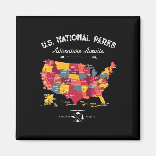 Aimant Cadeaux de carte des 62 parcs nationaux Parc améri (Devant)